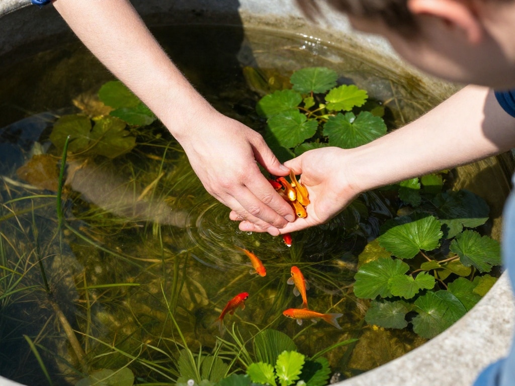 Fische in neuen Teich einsetzen